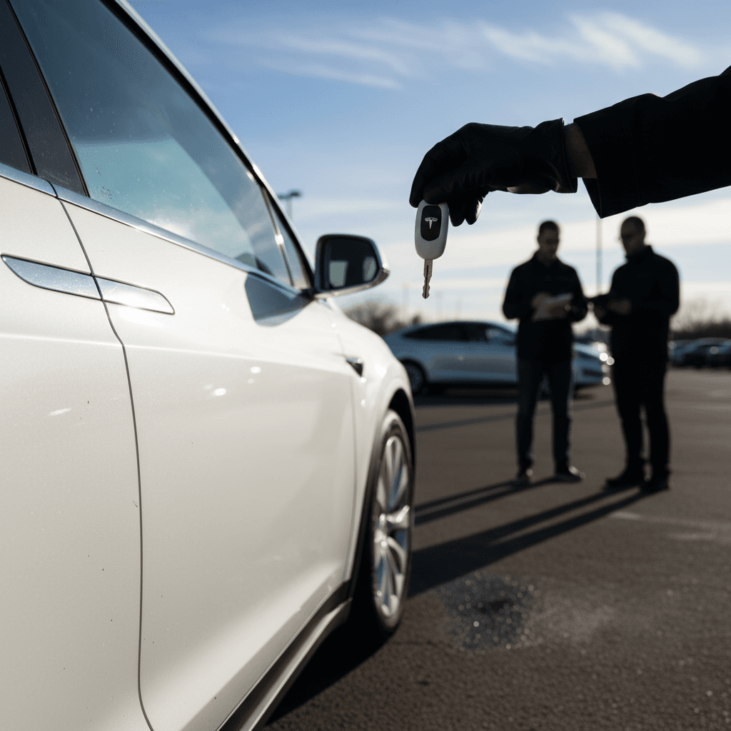Seller and buyer finalizing a Tesla Model X sale at a modern EV-focused dealership