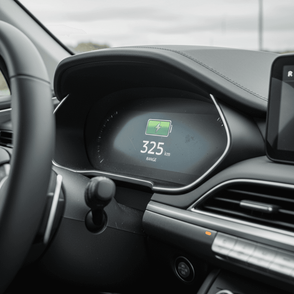 Close-up of Genesis Electrified GV70 digital dash showing battery charge level and remaining range estimate