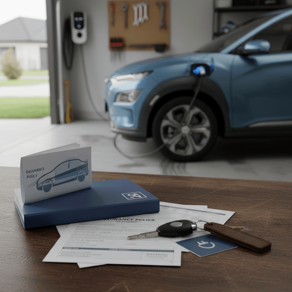 Insurance paperwork and keys on a desk with a Hyundai Kona Electric charging in the background