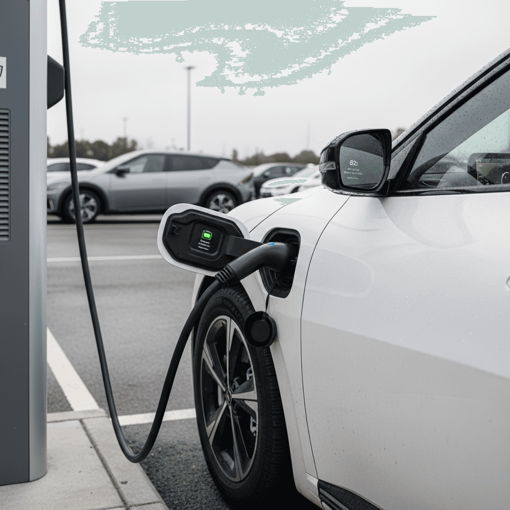 2025 Kia EV6 charging at a DC fast charger with cable connected and charging display visible