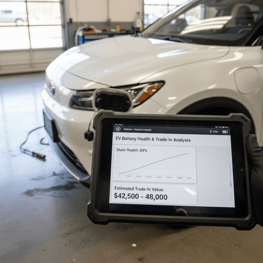 EV specialist using a tablet to capture battery health data while inspecting a used electric vehicle for trade-in value