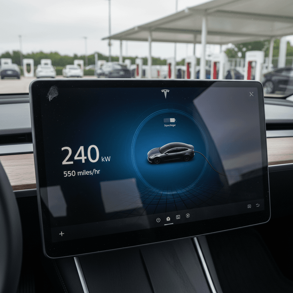 Tesla Model 3 display showing live Supercharger session with charging power in kW and miles of range added per hour