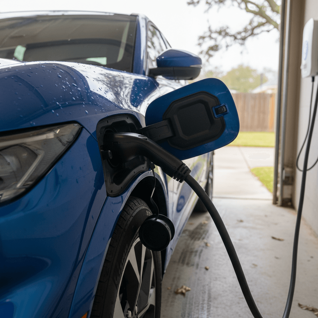 A 2021 Ford Mustang Mach-E plugged into a Level 2 home charger in a modern garage