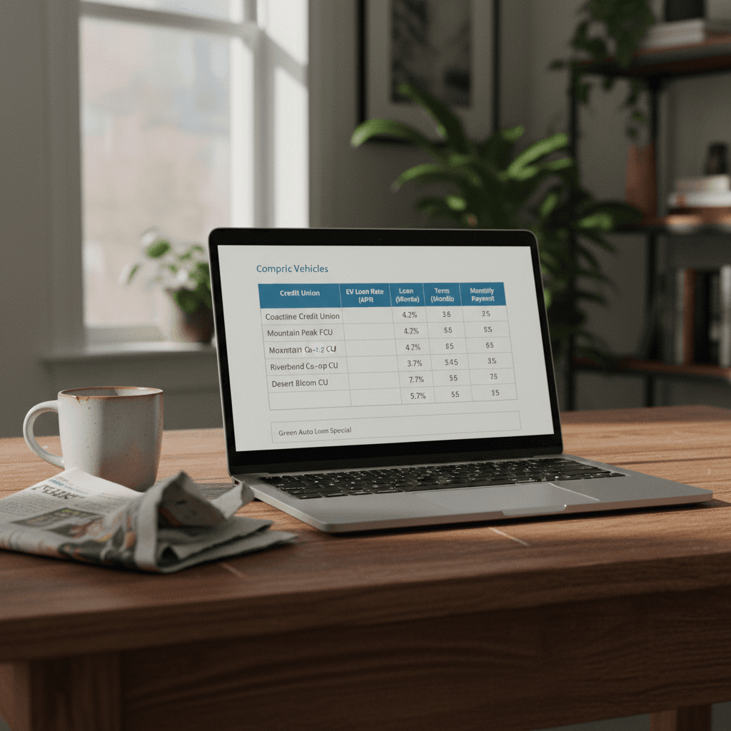 Laptop screen showing a shopper comparing EV loan offers and APRs from multiple credit unions side by side