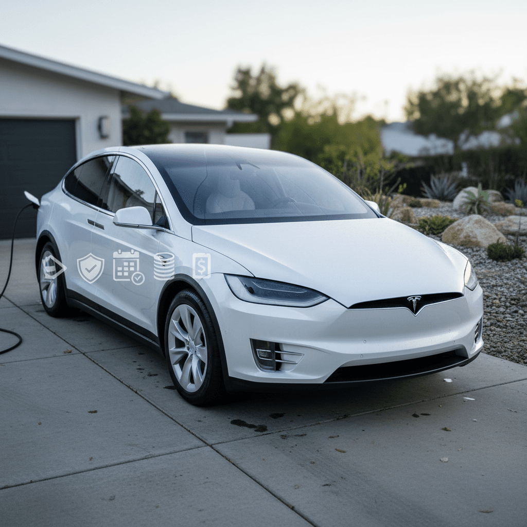 Tesla Model X parked in a residential driveway, representing the impact of parking location on insurance costs