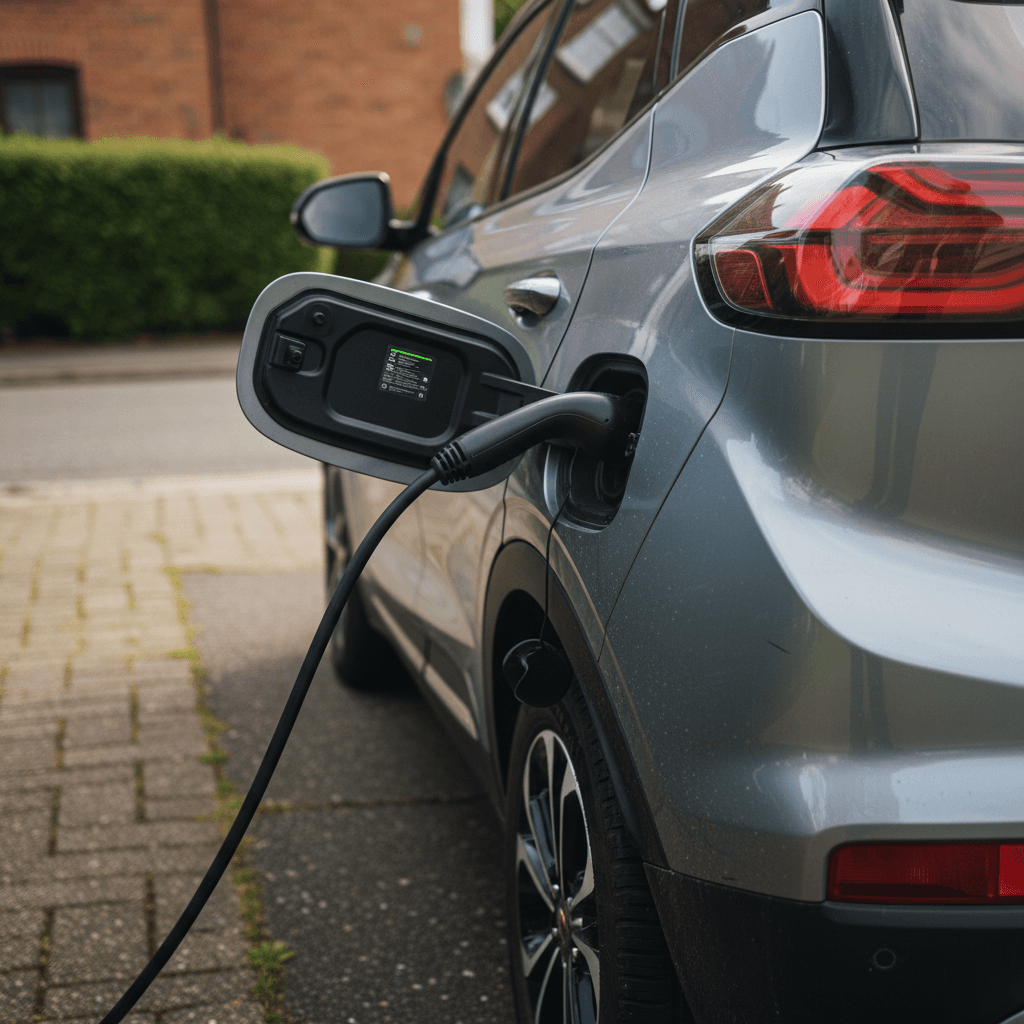 2023 Chevy Bolt EUV plugged in and charging from the rear quarter view in a residential driveway