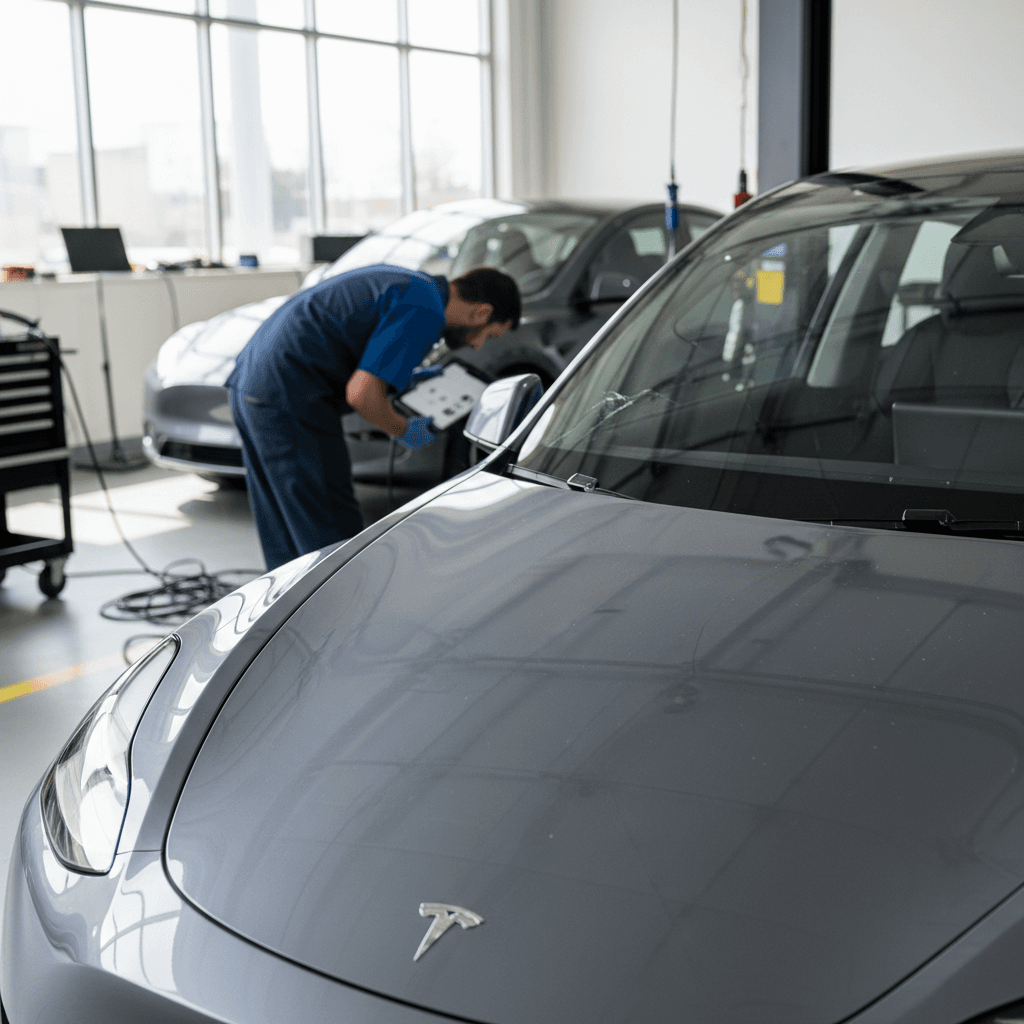 Technician inspecting the front hood and windshield of a 2023 Tesla Model Y in a service bay during a safety recall repair