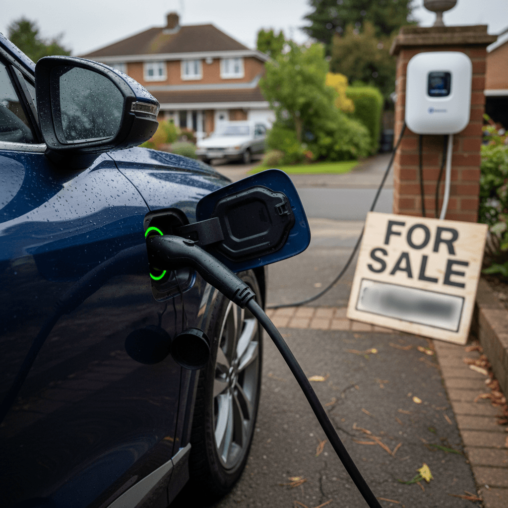 Audi Q4 e-tron plugged into a home charger with a for sale sign in the driveway