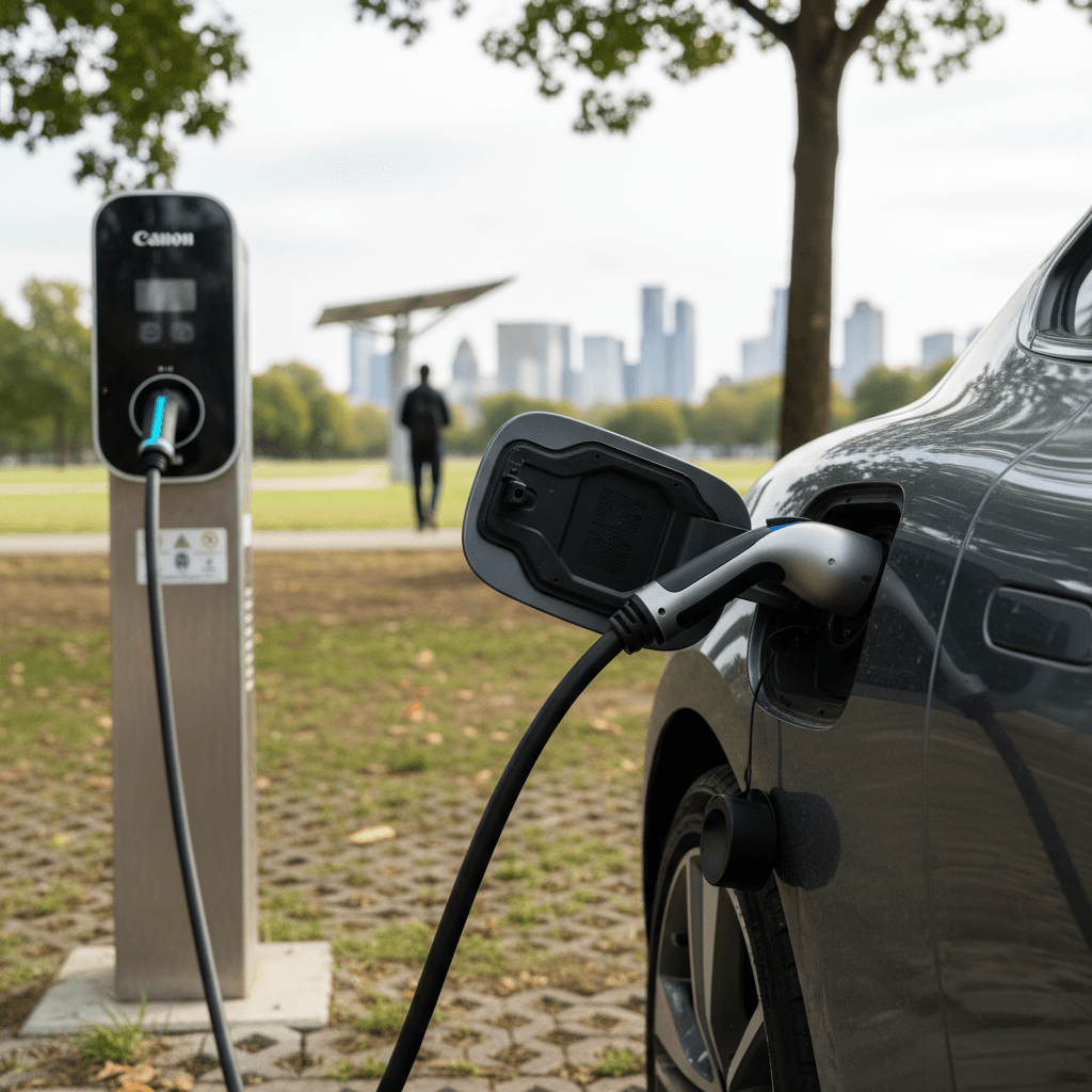 EV driver holding a smartphone app to manage a charging session at a public station