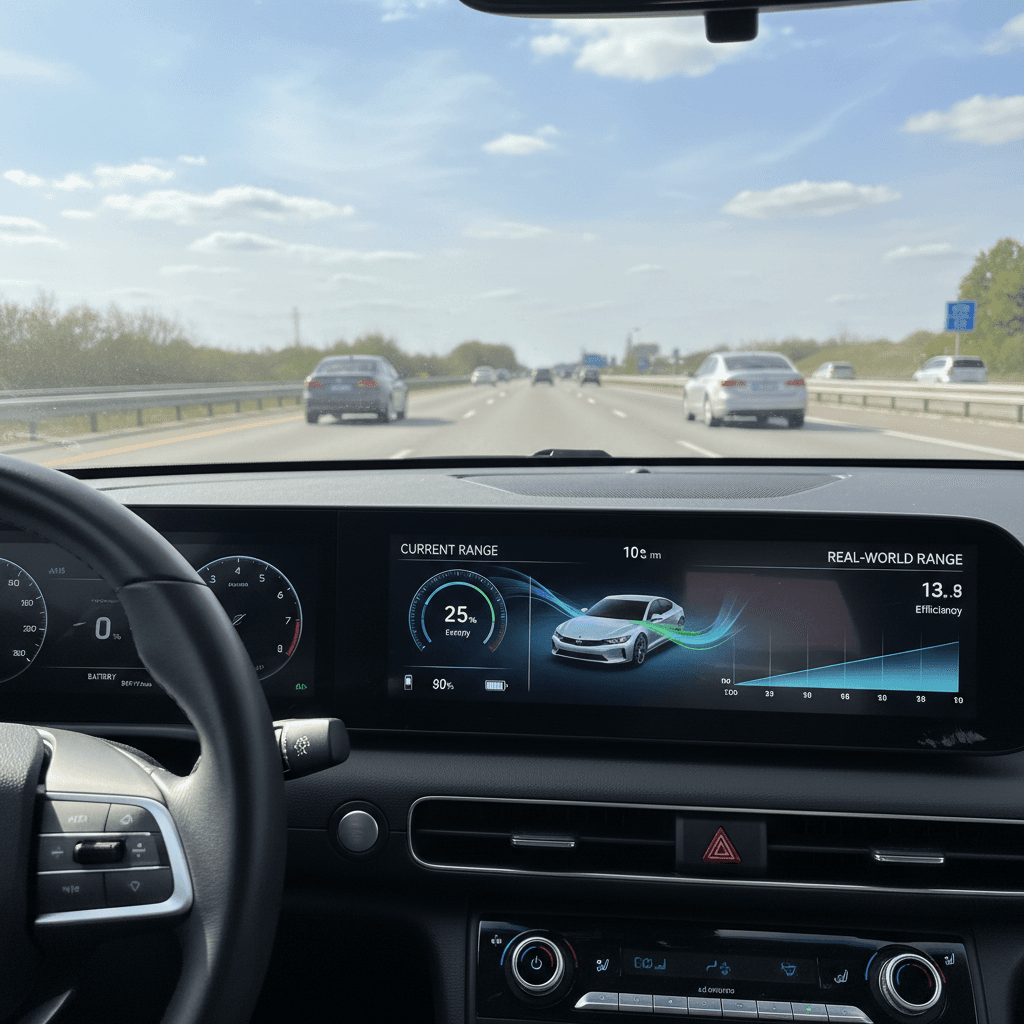Hyundai Ioniq 5 dashboard energy screen showing consumption and remaining range while cruising on the highway