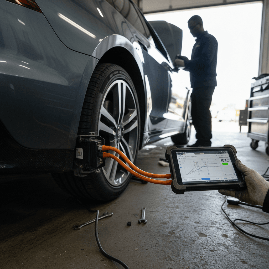 Technician using a diagnostic tablet to evaluate an electric vehicle’s high-voltage battery health in a service bay