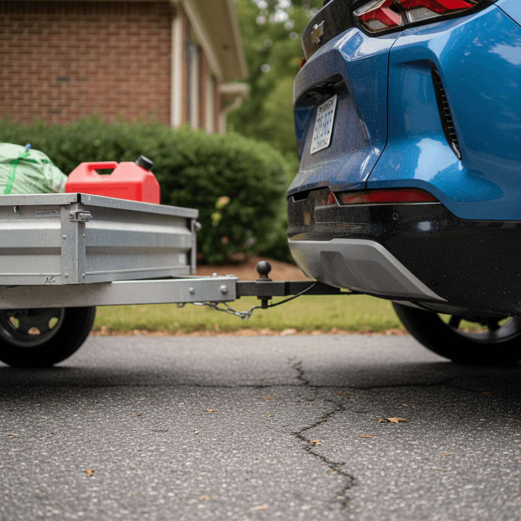 Chevrolet Blazer EV in a driveway with a hitch and small utility trailer attached, illustrating a realistic towing scenario