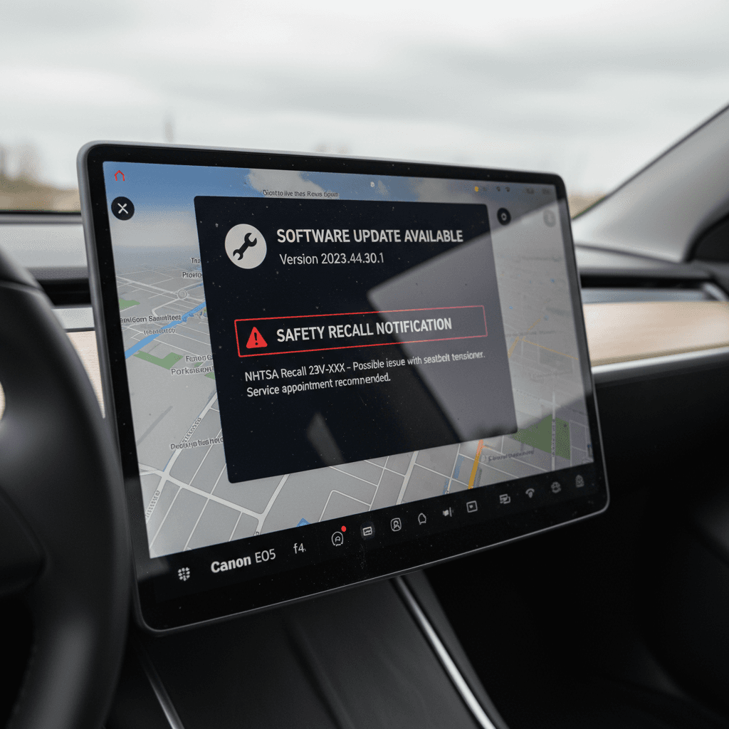 Tesla Model Y touchscreen showing a pending software update that includes a safety recall fix