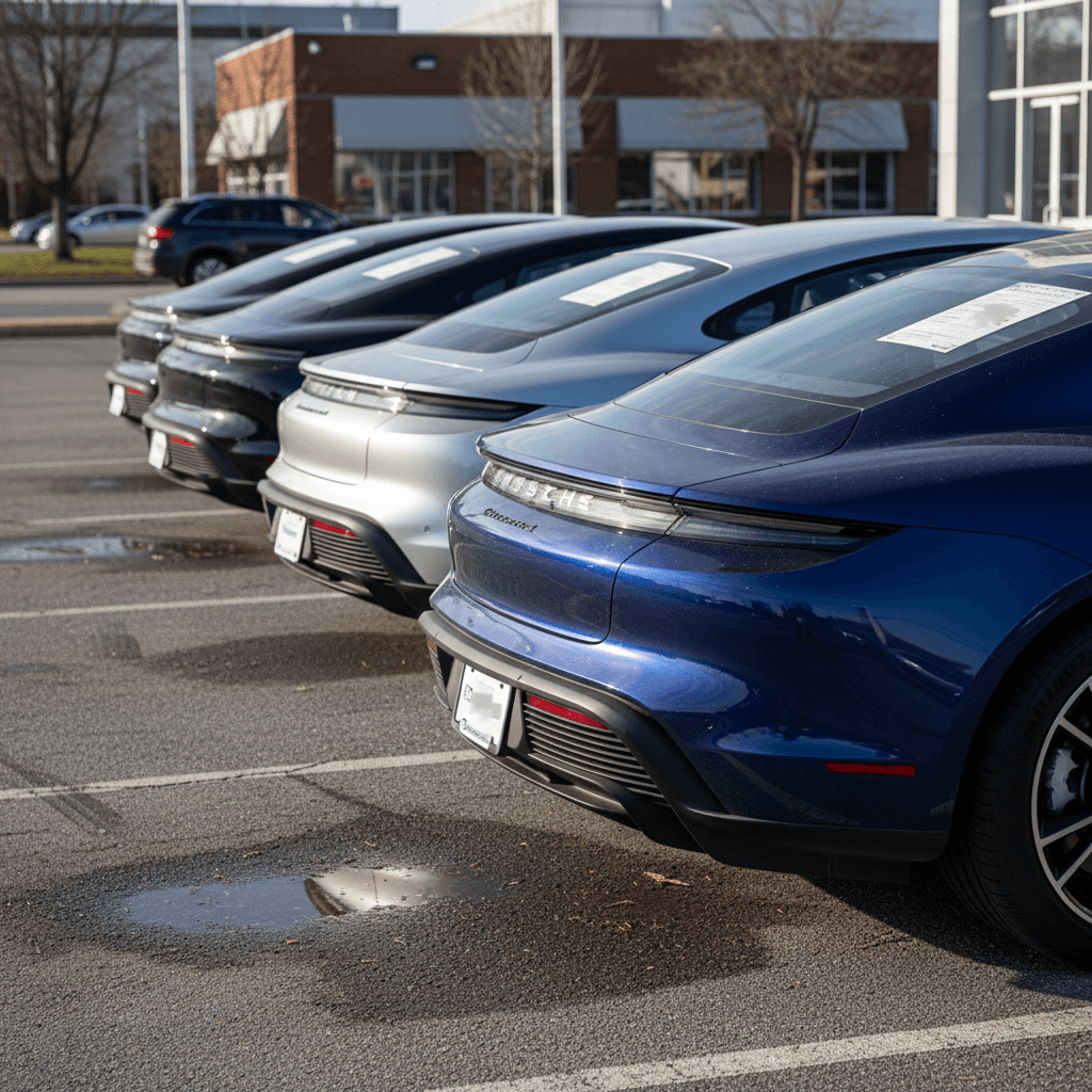 Row of used Porsche Taycans parked at a dealership, each with price stickers on the windshield