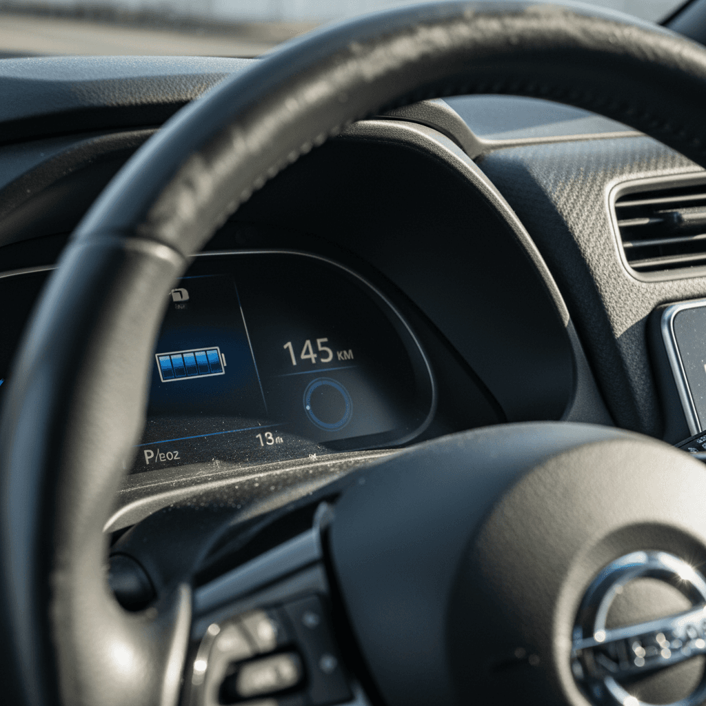 Close-up of a Nissan Leaf dashboard showing battery charge and estimated range, highlighting how capacity affects trade-in value.