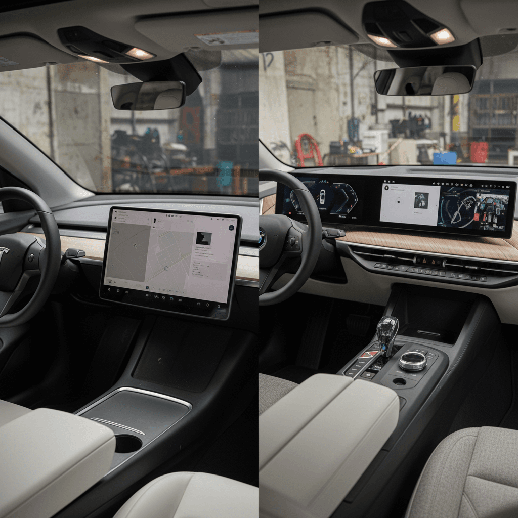 Side‑by‑side view of Tesla Model Y and BMW iX interiors highlighting minimalist Tesla design versus plush BMW materials and ambient lighting.