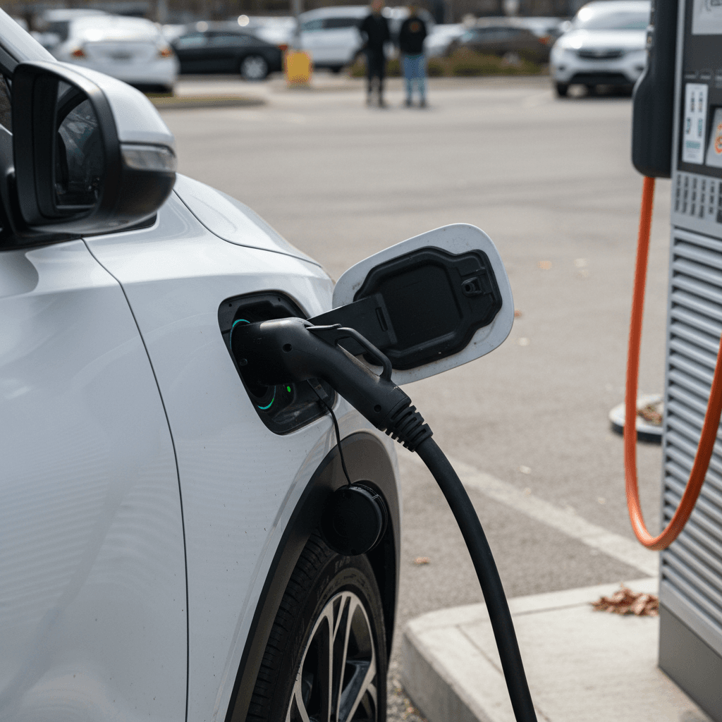Chevrolet Bolt EUV plugged into a DC fast charger with close-up of the charge port and cable