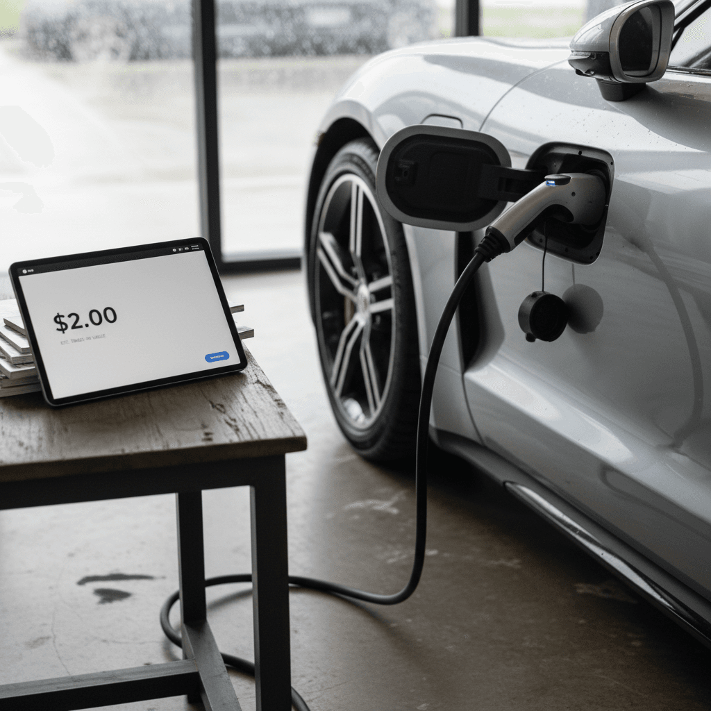 Owner using a tablet to check trade-in value for a 2022 Porsche Taycan while the car charges