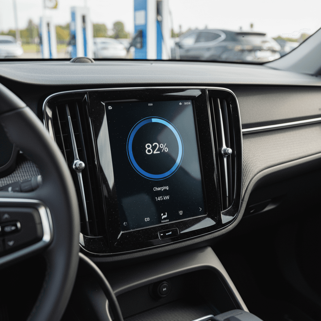 Polestar 2 driver watching the center screen while the car DC fast charges, showing charging power in kilowatts and time remaining