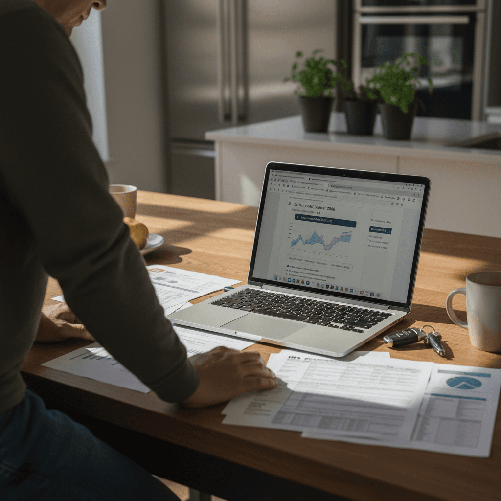 Person reviewing IRS Form 8936 and EV purchase paperwork at a table with a laptop and car keys nearby
