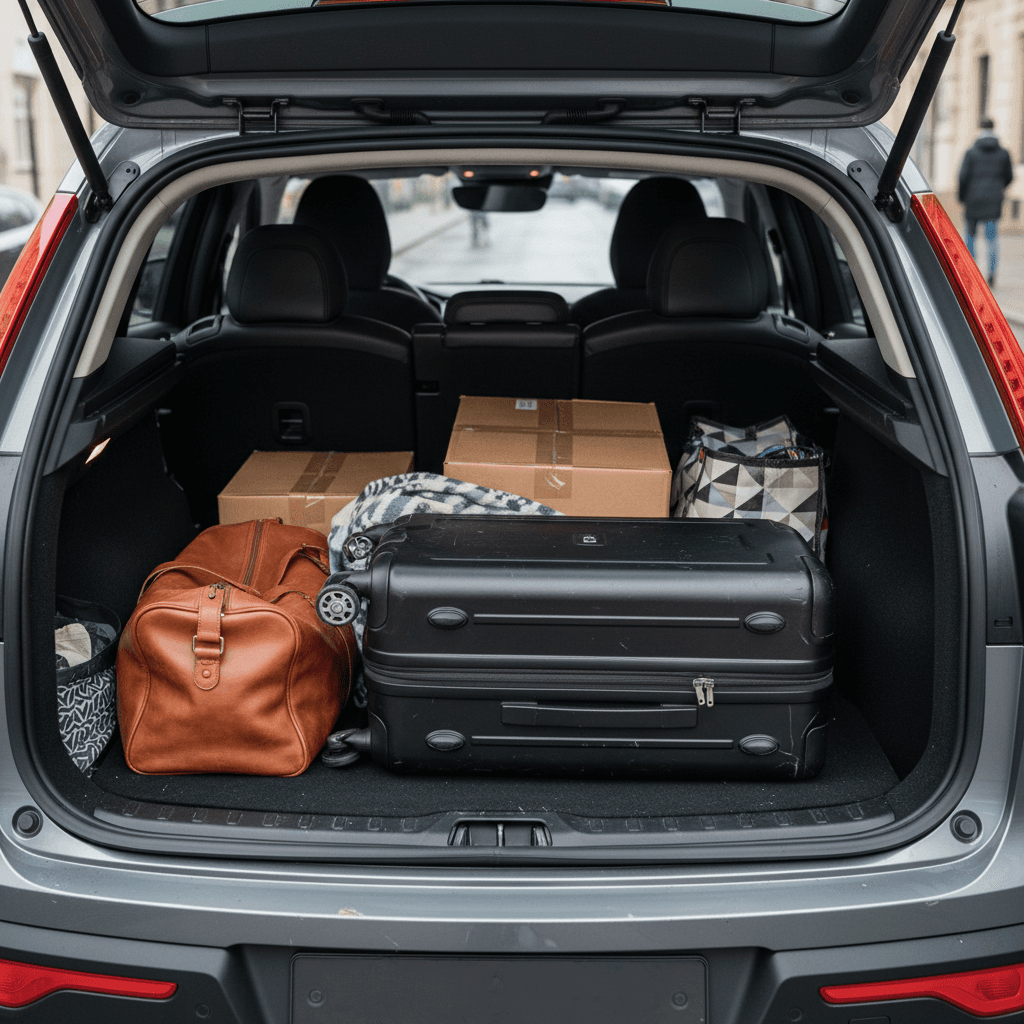Volvo C40 Recharge cargo area with the rear seats folded flat and loaded with travel luggage and boxes