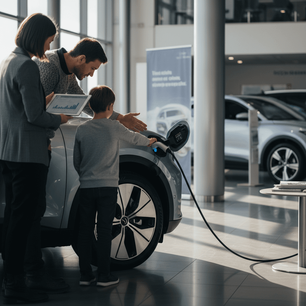 Family comparing electric vehicle options at a dealership, reviewing lease offers