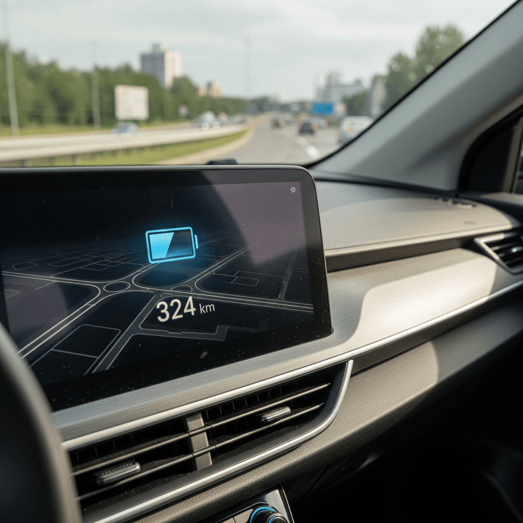 Electric vehicle dashboard showing battery state of charge and estimated driving range while traveling on a mixed highway route