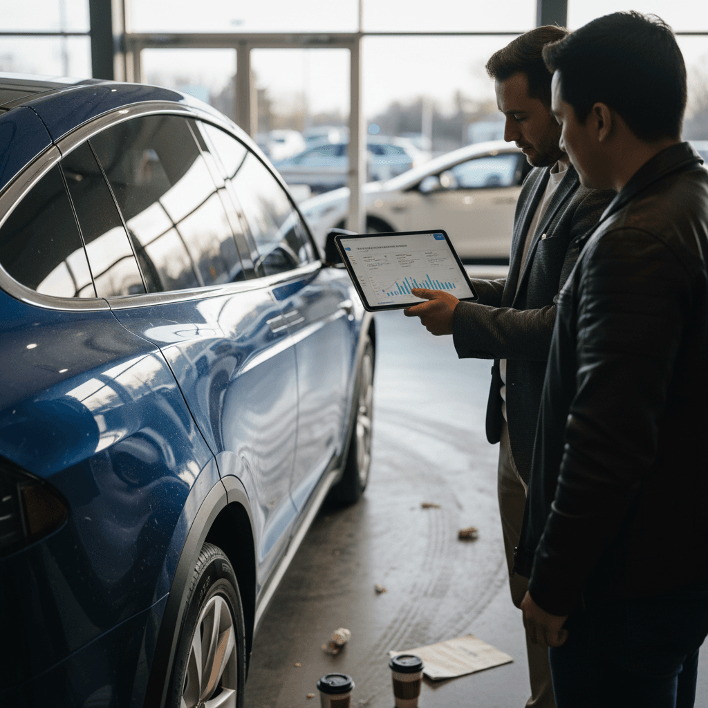 Owner and salesperson reviewing a Tesla Model X trade-in offer on a tablet next to the vehicle