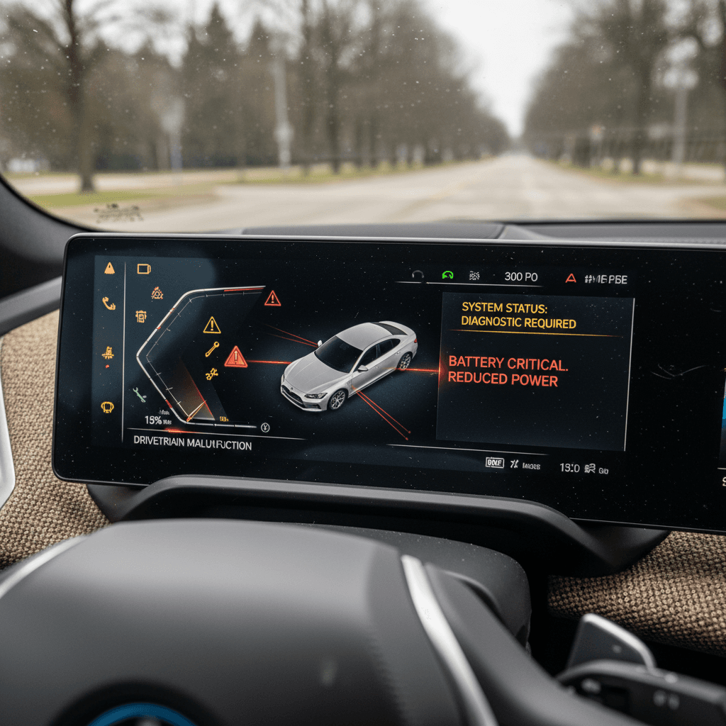 BMW iX interior with digital cluster showing warning messages and range information