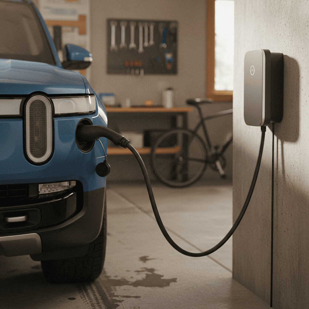 Rivian R1S plugged into a Level 2 wall charger in a home garage showing charge status on the taillight bar
