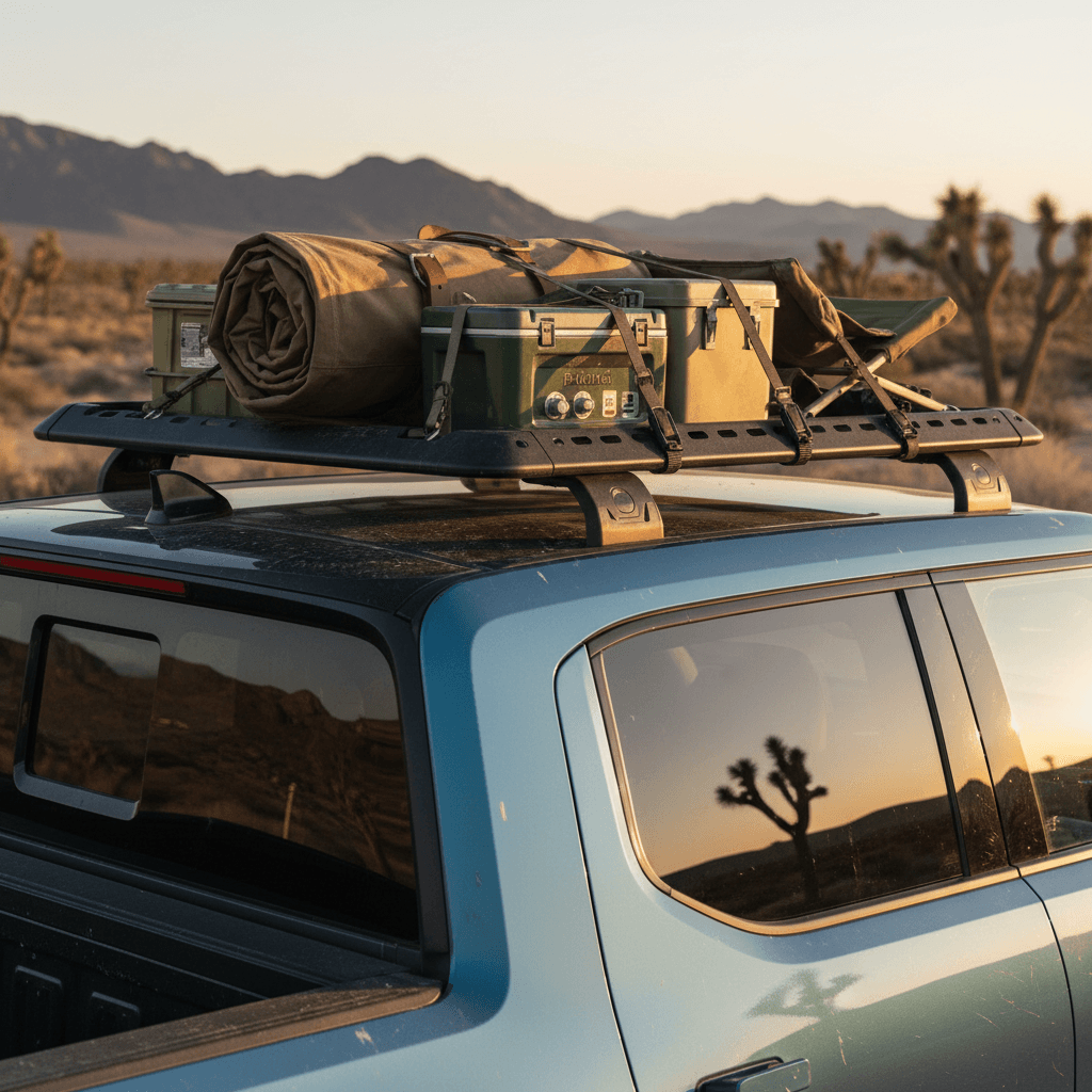 Factory Rivian R1T cargo crossbars mounted over the glass roof with camping gear strapped down