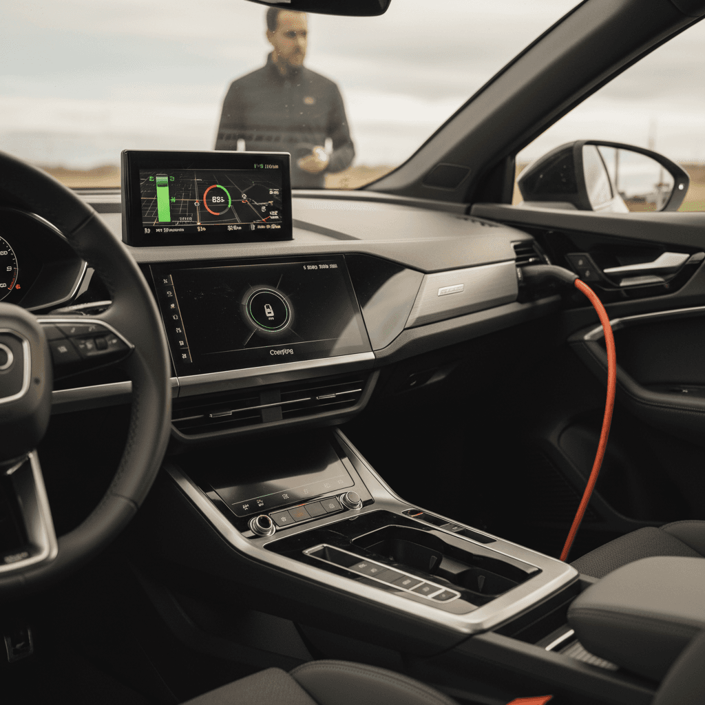 Driver’s view of the Audi Q4 e-tron interior showing digital cockpit, center touchscreen, and steering wheel while parked at a charger