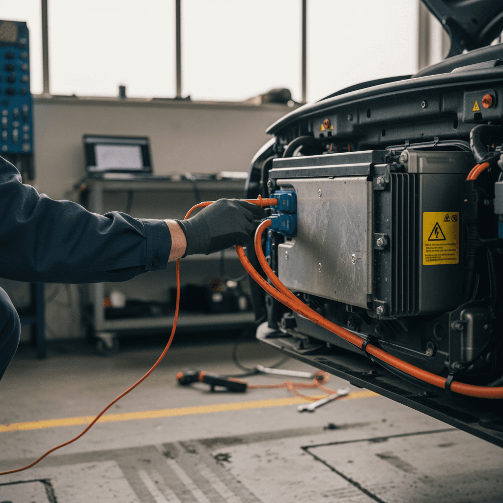 Technician inspecting the high-voltage battery and wiring on a Hyundai Kona Electric in a service bay