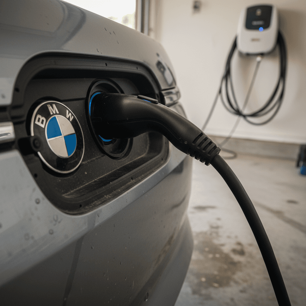 BMW i5 charging port with cable plugged into a Level 2 home charger, close-up view