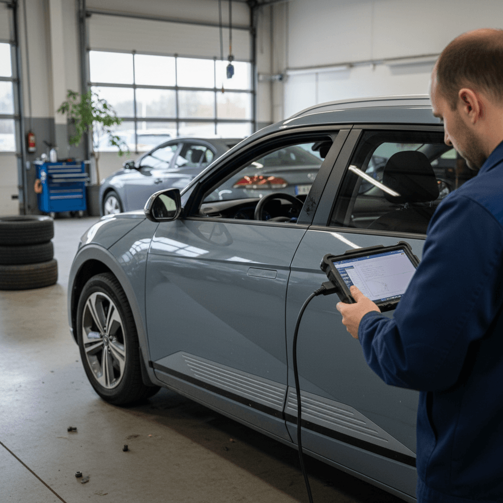 Used car appraiser checking a Hyundai Ioniq 5 with a tablet to estimate trade-in value