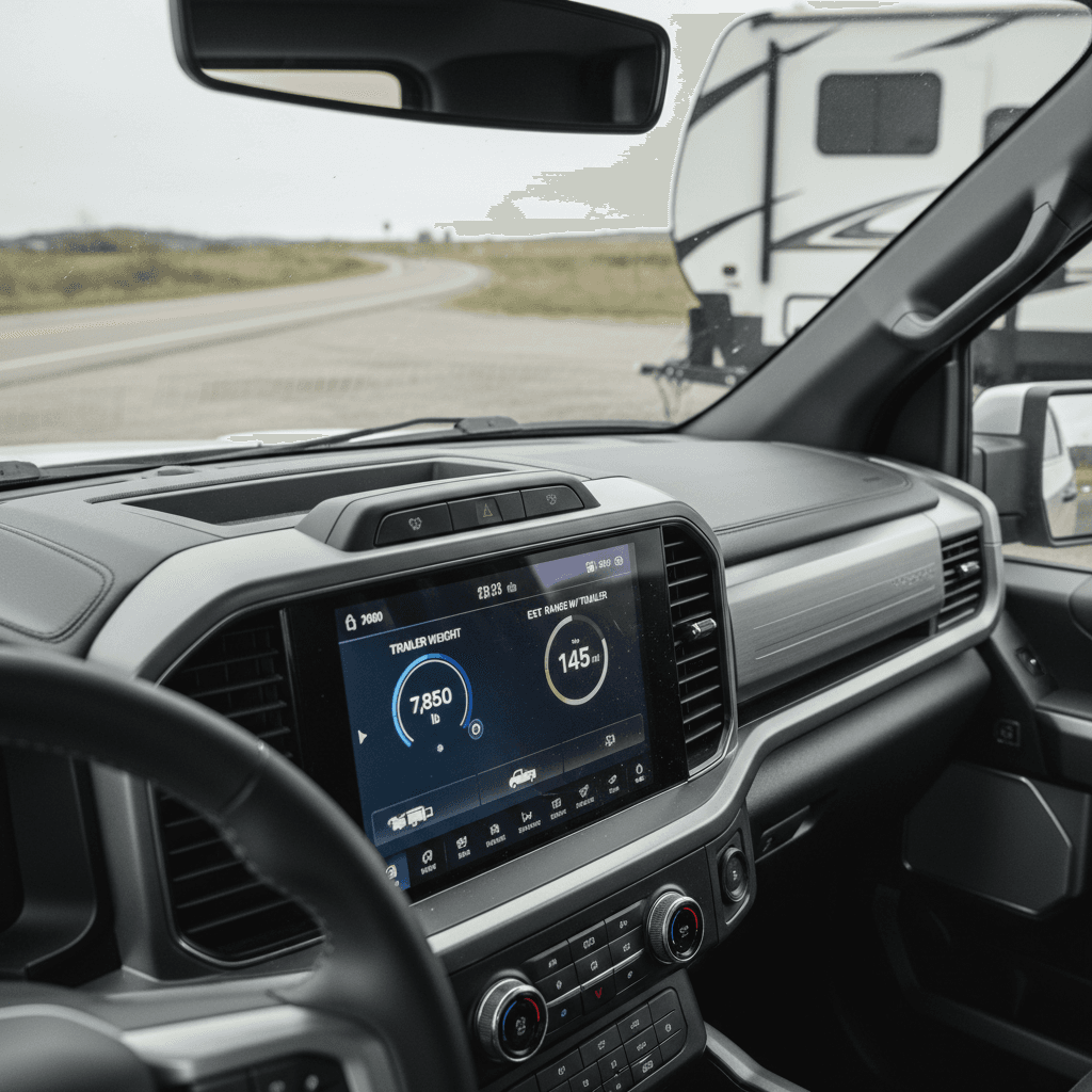 Ford F-150 Lightning towing display showing trailer profile and estimated remaining range while pulling a camper