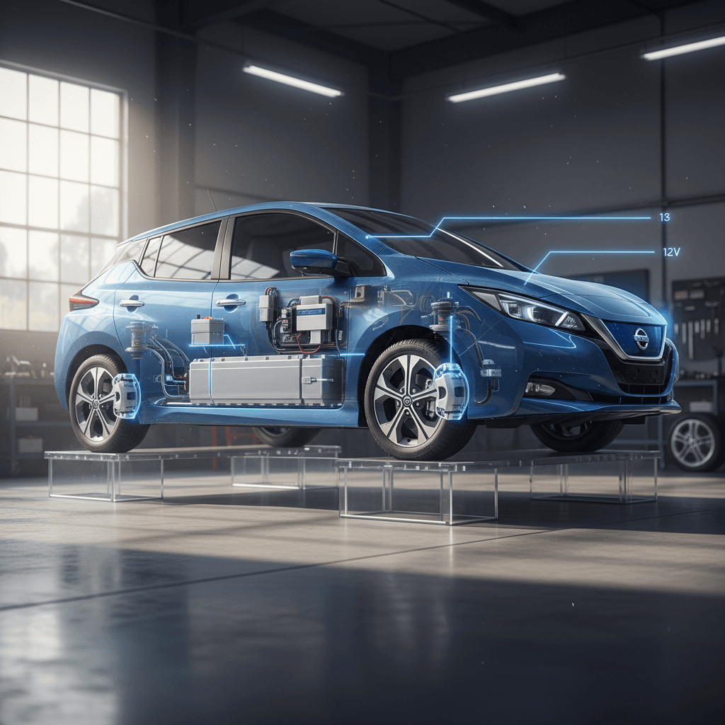 Diagram of a Nissan Leaf highlighting the traction battery, 12V battery, brakes, and charging hardware
