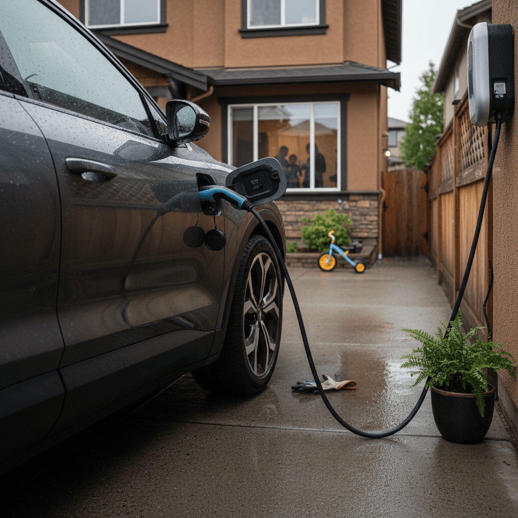 Modern electric SUV parked in a suburban driveway while charging, illustrating a popular EV body style.