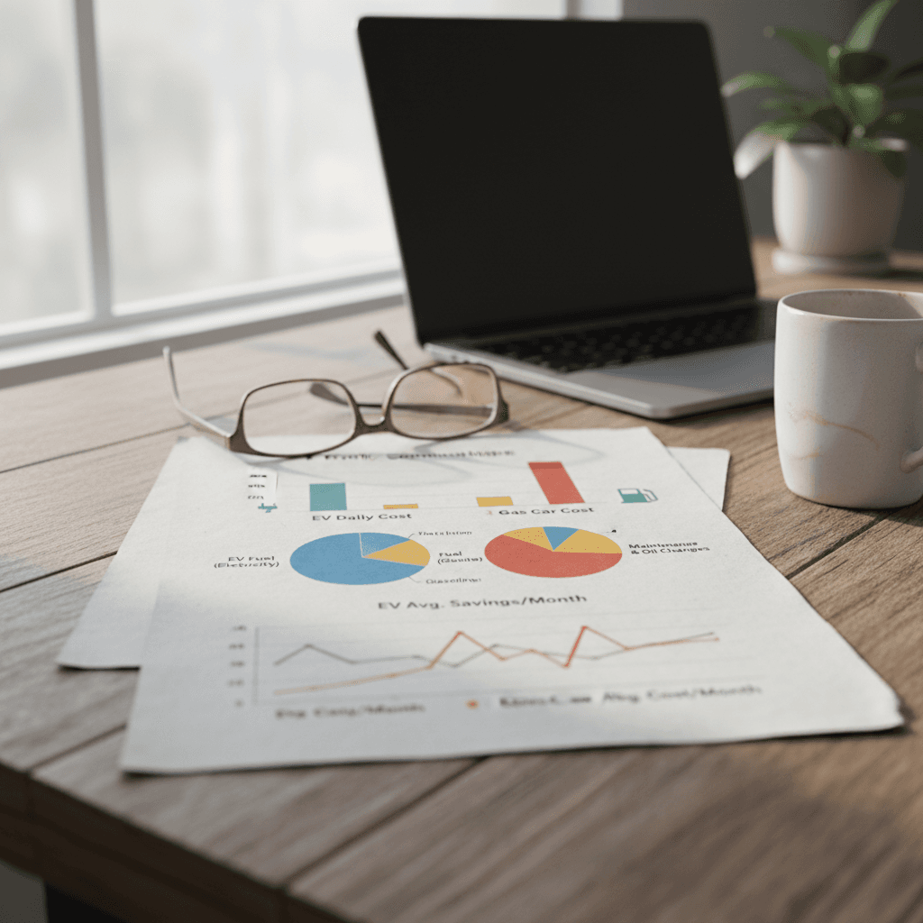 Simple infographic showing annual cost comparison for a 60 mile commute in an EV versus a gasoline car