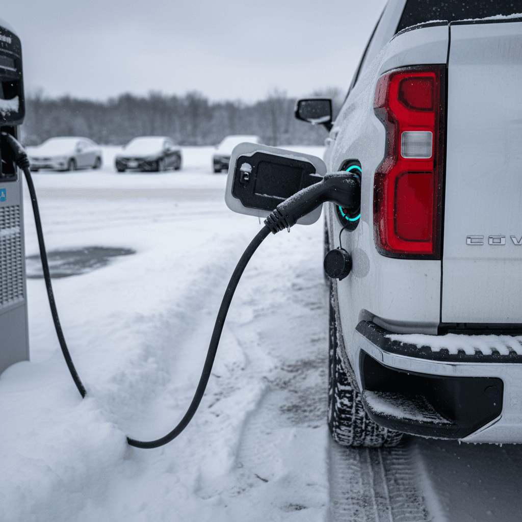 Chevrolet Silverado EV charging at a public fast charger in a snowy parking lot