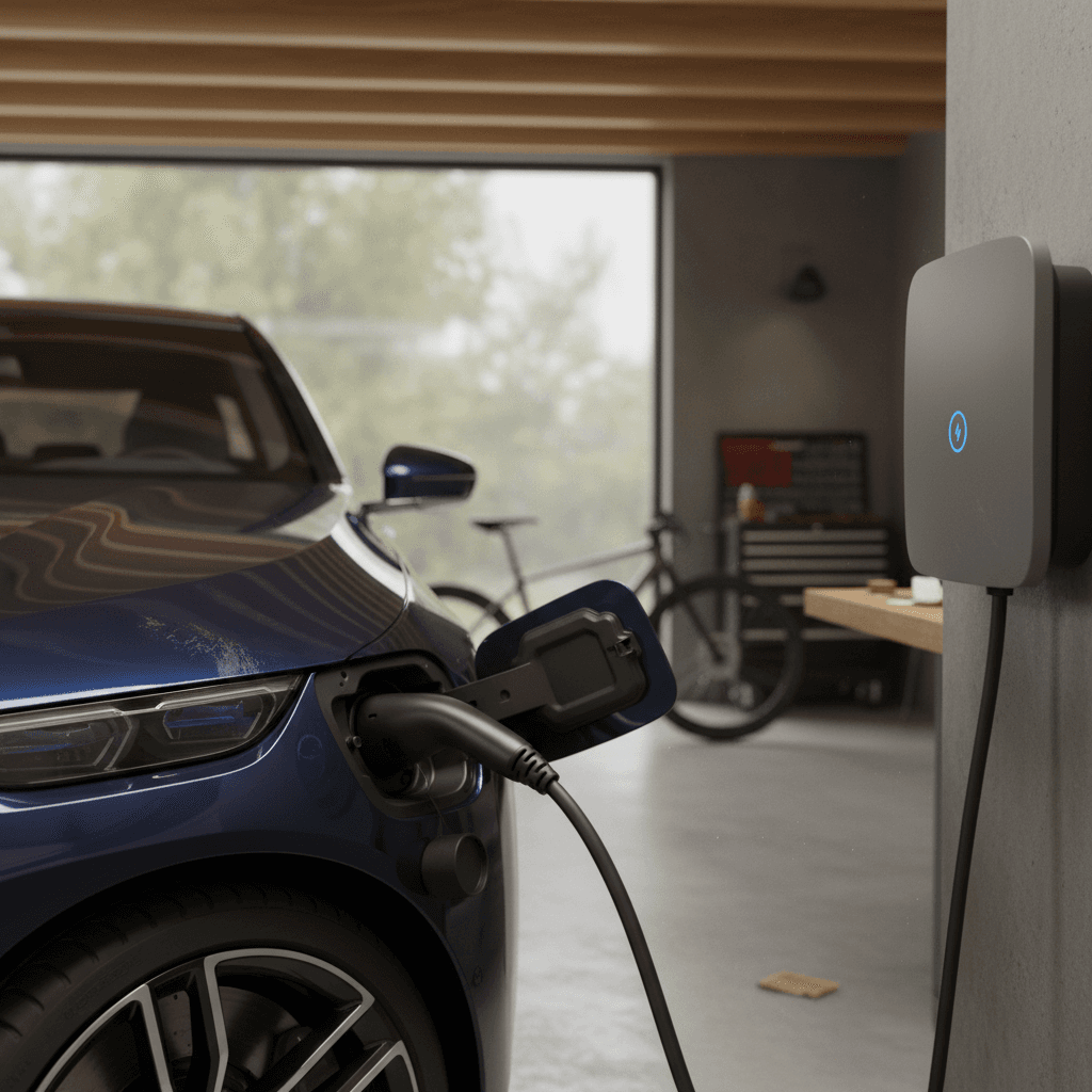 BMW i7 connected to a home wallbox charger in a clean modern garage