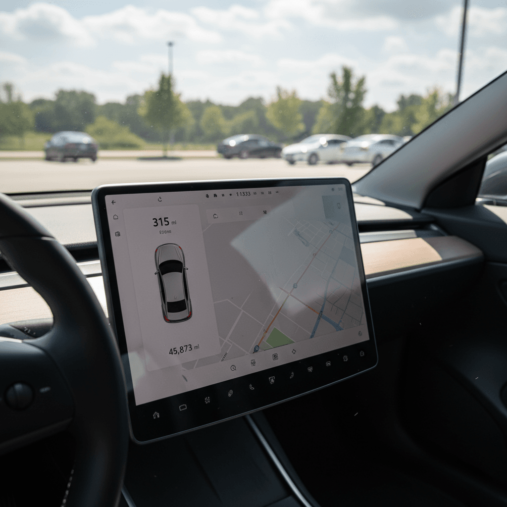 Tesla Model 3 interior instrument cluster showing mileage and battery range, useful when valuing a used car
