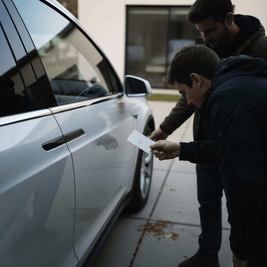 Two people standing next to a Tesla Model X, one holding a key card while the other inspects the vehicle before completing a used EV sale