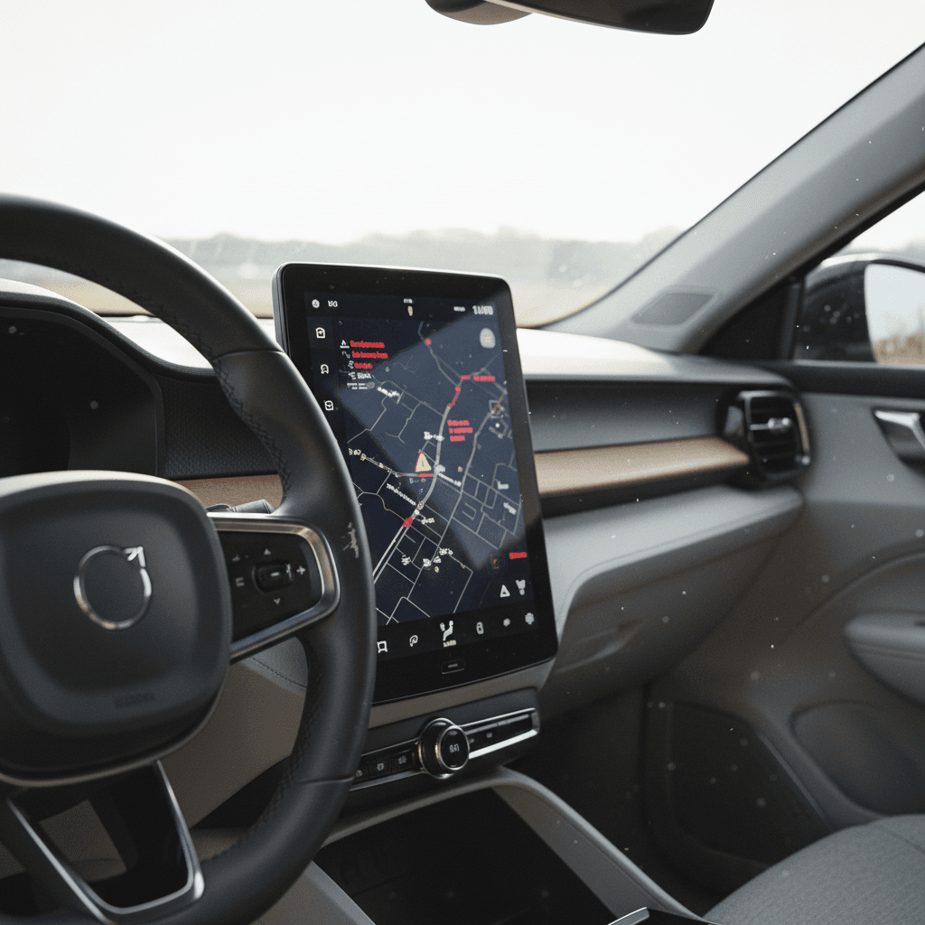 Interior of a Polestar 2 focusing on the central touchscreen and steering wheel controls