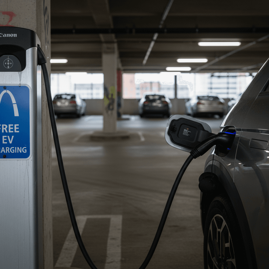 Electric vehicle connected to a Level 2 charger inside a public parking garage in St. Louis