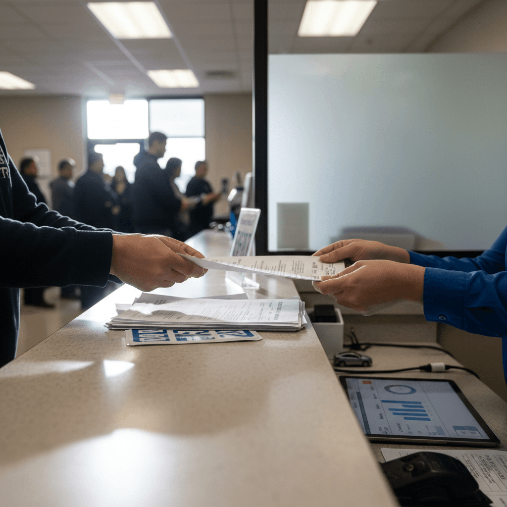 Driver handing title, registration, and insurance documents to a DMV clerk to register a used electric vehicle with out-of-state plates