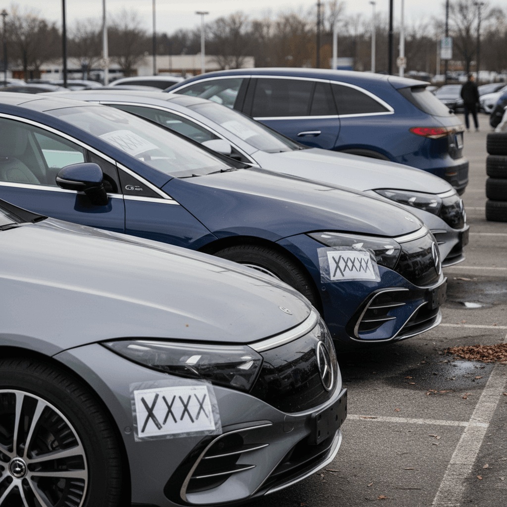 Row of used Mercedes EQS sedans and SUVs on a dealer lot with price stickers in the windows