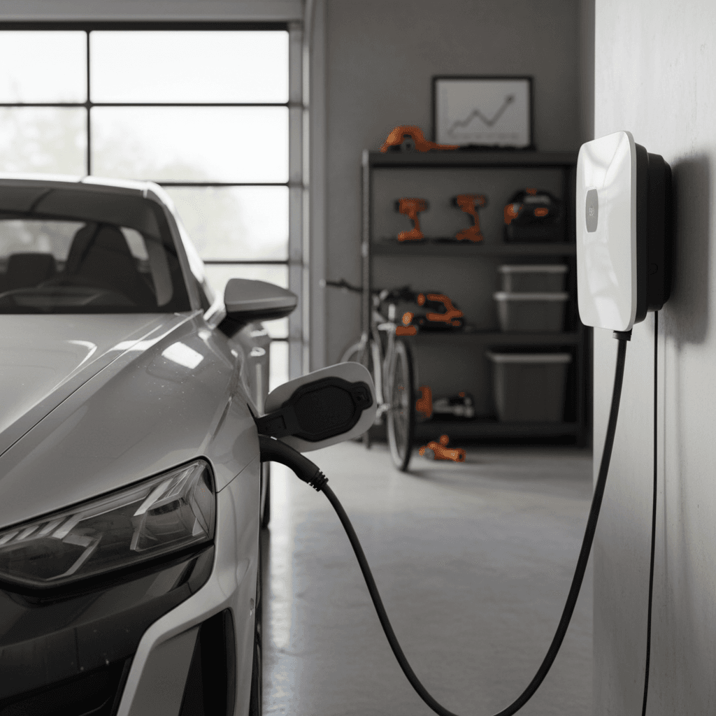 Audi e-tron GT plugged into a Level 2 home charger in a modern garage