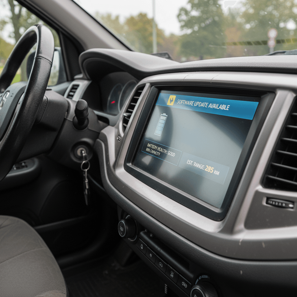 Electric vehicle dashboard screen showing detailed battery health and range information next to a newer model in the background