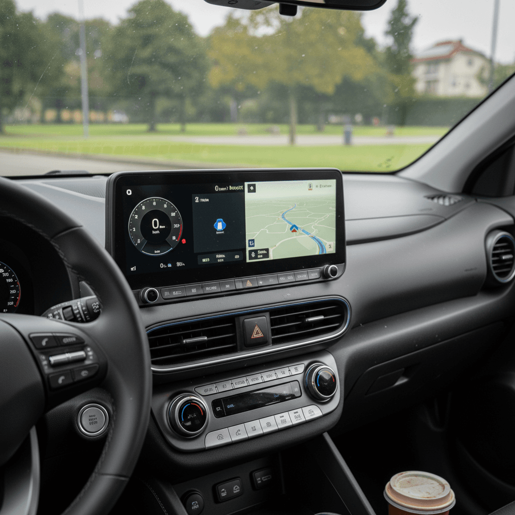 Modern Hyundai Kona Electric interior and digital dashboard showing EV information